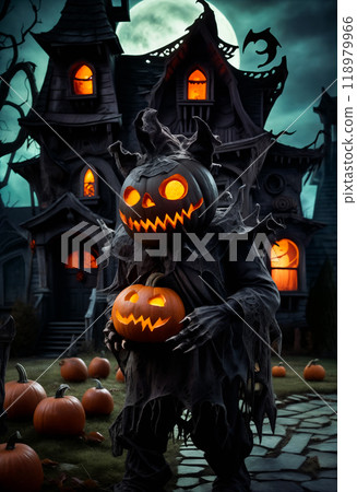 Halloween monster with a carved scary pumpkin head with an evil smile against a background of whimsical haunted houses. Autumn Halloween card or poster 118979966