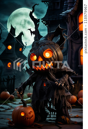Halloween monster with a carved scary pumpkin head with an evil smile against a background of whimsical haunted houses. Autumn Halloween card or poster 118979967