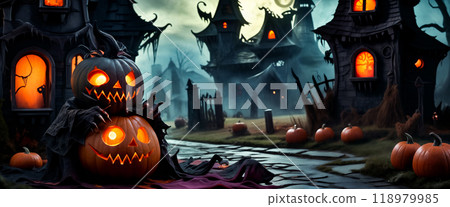 Halloween monster with a carved scary pumpkin head with an evil smile against a background of whimsical haunted houses. Autumn Halloween card or poster. Copy space for advertising text Halloween monster with a carved scary pumpkin head with an evil smile against a background of whimsical haunted houses. Autumn Halloween card or poster. Copy space for advertising text 118979985