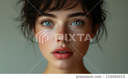 Attractive young brunette girl with makeup and short hair, blue eyes, plump open sexy lips, smoky nose and surprised emotion on her face 118980018