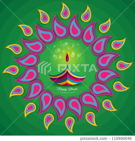 Happy Diwali Festival of Lights India Celebration colorful template. Graphic banner design of Indian Diya Oil Lamp Mandala, paper cut border frame design. Vector festive isolated on green background 118980046