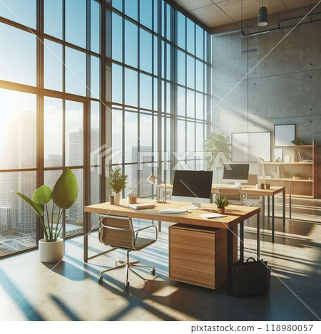 An open office on a high floor of a building 118980057