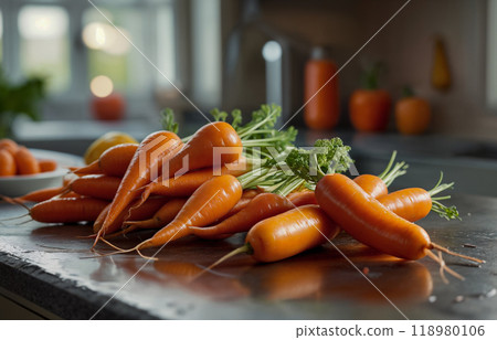 Fresh vegetable harvest: a bunch of carrots on the table on the background of a modern kitchen. Close-up, side view Fresh vegetable harvest: a bunch of carrots on the table on the background of a modern kitchen. Close-up, side view 118980106