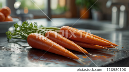 Fresh vegetable harvest: a bunch of carrots on the table on the background of a modern kitchen. Close-up, side view 118980108