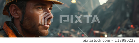 Portrait of a male miner in a protective helmet and gray-orange uniform in a coal mine or quarries extracting minerals. Mining industry 118980222