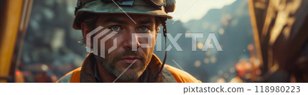 Portrait of a male miner in a protective helmet and gray-orange uniform in a coal mine or quarries extracting minerals. Mining industry 118980223