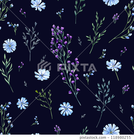 Meadow aromatic blue, purple wildflowers and green herbs watercolor seamless pattern on white background. Summer flowers and spikelet illustration for wedding design, textile, wrapping. Meadow aromatic blue, purple wildflowers and green herbs watercolor seamless pattern on white background. Summer flowers and spikelet illustration for wedding design, textile, wrapping. 118980255