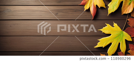 Wooden table with colorful autumn leaves on it... - Stock Illustration ...