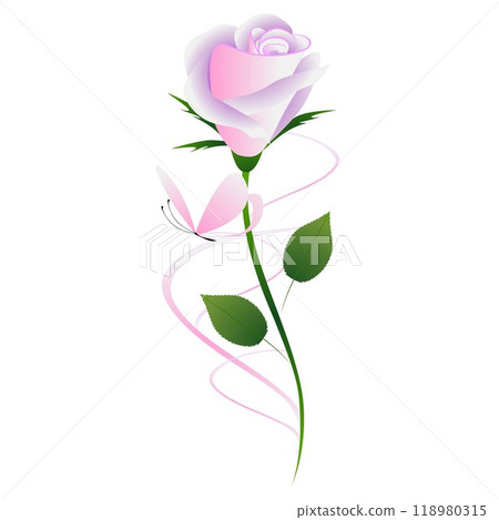 Pink rose with leaves and butterfly, element for design. 118980315