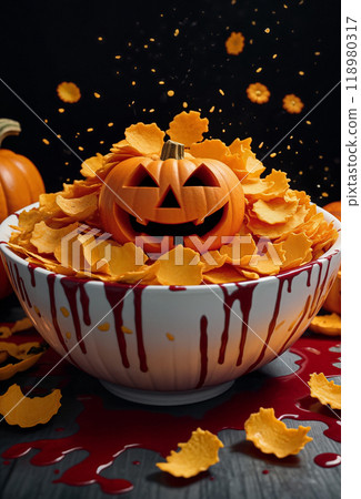 A Halloween breakfast or dinner of cornflakes in a bowl with something red hinting at blood in the shape or form of a carved pumpkin with a sinister smiley face. Close-up 118980317