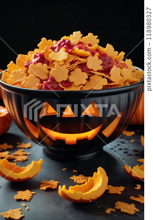 A Halloween breakfast or dinner of cornflakes in a bowl with something red hinting at blood in the shape or form of a carved pumpkin with a sinister smiley face. Close-up 118980327