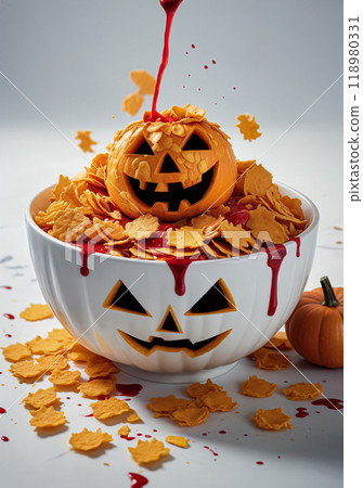 A Halloween breakfast or dinner of cornflakes in a bowl with something red hinting at blood in the shape or form of a carved pumpkin with a sinister smiley face. Close-up 118980331