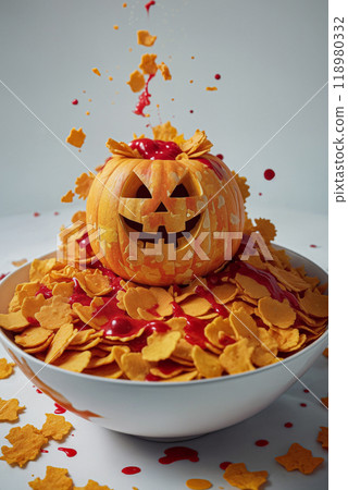 A Halloween breakfast or dinner of cornflakes in a bowl with something red hinting at blood in the shape or form of a carved pumpkin with a sinister smiley face. Close-up 118980332