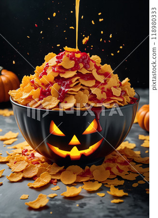A Halloween breakfast or dinner of cornflakes in a bowl with something red hinting at blood in the shape or form of a carved pumpkin with a sinister smiley face. Close-up 118980333