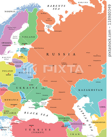 Eastern Europe and Western Asia, multi colored political map with capitals, borders and largest cities. With Black Sea, Caspian Sea, European Russia, and a small part of Central Asia. Illustration. 118980349