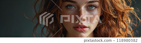 Sexy young girl or woman with long red wavy hair with freckles on well-groomed face with open mouth with full lips. Close-up 118980382