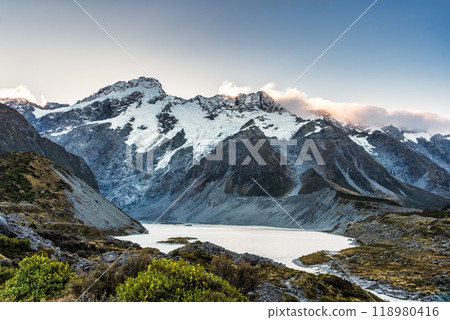 View of Mount Cook with mountain range and lake in Hooker Valley Track at New Zealand 118980416