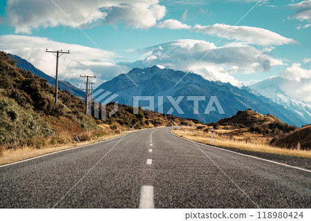 Road trip on the road heading to Mount Cook among autumn wilderness at New Zealand 118980424