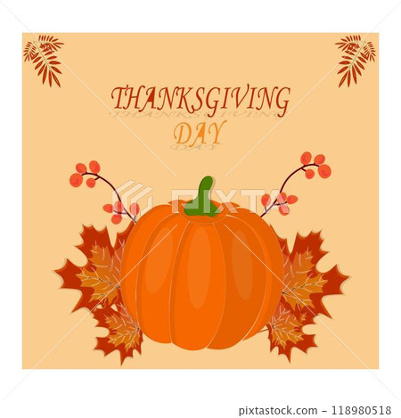 Thanksgiving theme illustration with roast turkey, pumpkin, autumn leaves and pilgrim hat, perfect for a variety of festive products. Thanksgiving theme illustration with roast turkey, pumpkin, autumn leaves and pilgrim hat, perfect for a variety of festive products. 118980518