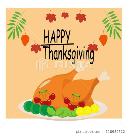 Thanksgiving theme illustration with roast turkey, pumpkin, autumn leaves and pilgrim hat, perfect for a variety of festive products. Thanksgiving theme illustration with roast turkey, pumpkin, autumn leaves and pilgrim hat, perfect for a variety of festive products. 118980522