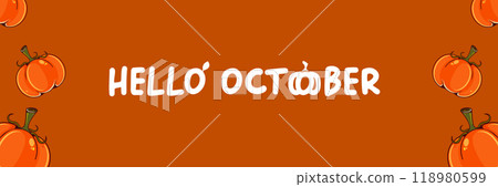 Hello October banner with text and pumpkins isolated on autumn orange background. Hello October sticker, label, autumn banner, poster design template 118980599