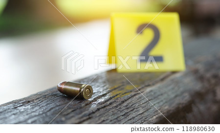 9 mm pistol copper head bullet lying on dark wooden bench with blur number 2 sign on blur background. Concepts of criminal investigations and shooting sport. 9 mm pistol copper head bullet lying on dark wooden bench with blur number 2 sign on blur background. Concepts of criminal investigations and shooting sport. 118980630