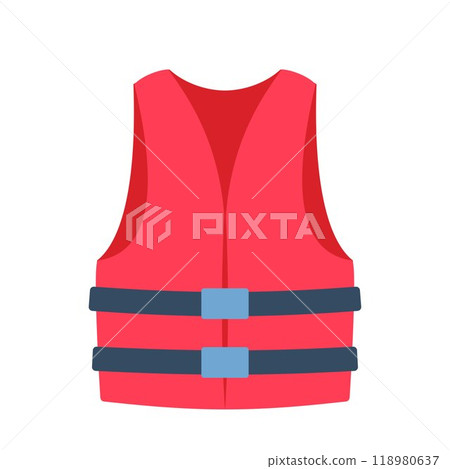 Life rescue jacket, red vest with belts isolated on white background. Clothes for safety, uniform for lifeguard, water security. Vector illustration. 118980637