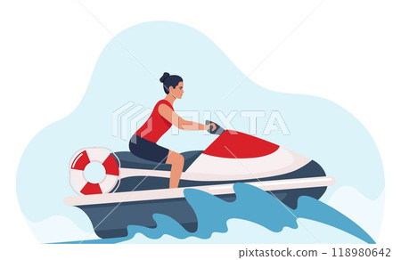 Beach lifeguard drives water scooter, looking for people to rescue. Rescuer patrols sea on jet ski. Personal watercraft to provide emergency aid, lifesaving. Vector illustration. Beach lifeguard drives water scooter, looking for people to rescue. Rescuer patrols sea on jet ski. Personal watercraft to provide emergency aid, lifesaving. Vector illustration. 118980642