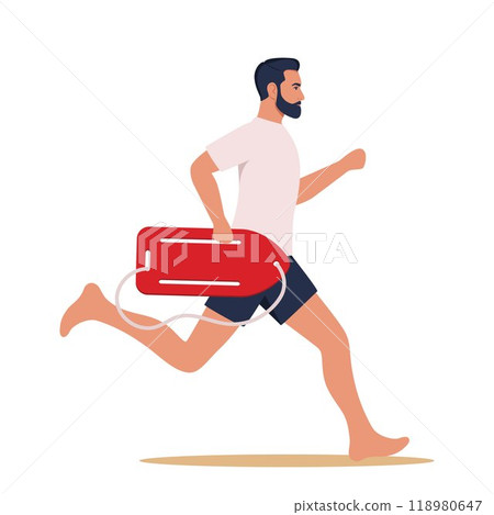 Man lifeguard runs along beach to save life of man in need of help is drowning in sea. Guy works as lifeguard. Vector illustration. Man lifeguard runs along beach to save life of man in need of help is drowning in sea. Guy works as lifeguard. Vector illustration. 118980647