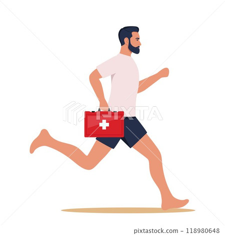 Man lifeguard runs along beach to save life of man in need of help is drowning in sea. Guy works as lifeguard. Vector illustration. Man lifeguard runs along beach to save life of man in need of help is drowning in sea. Guy works as lifeguard. Vector illustration. 118980648