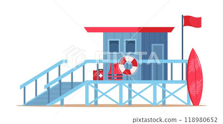 Lifeguard tower on the beach. Coast guard station in modern flat design. Vector illustration. Lifeguard tower on the beach. Coast guard station in modern flat design. Vector illustration. 118980652