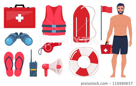 Beach lifeguards equipment set. Loudspeaker, sunglasses, lifebuoy, lifeguards tower, first aid kit, life rescue jacket, binoculars, whistle, stretcher. Vector illustration. 118980657