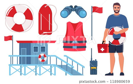 Beach lifeguards equipment set. Loudspeaker, sunglasses, lifebuoy, lifeguards tower, first aid kit, life rescue jacket, binoculars, whistle, stretcher. Vector illustration. 118980659