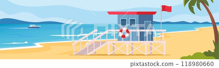 Lifeguard tower on the beach. Coast guard station in modern flat design. Vector illustration. Lifeguard tower on the beach. Coast guard station in modern flat design. Vector illustration. 118980660