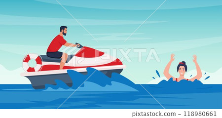 Beach lifeguard drives water scooter, rushing to save a drowning man. Rescuer provides emergency aid, lifesaving. Vector illustration. 118980661