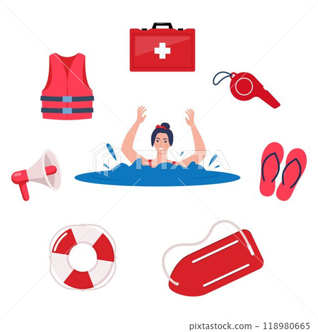 Drowning woman and beach lifeguards equipment set. Vector illustration. 118980665