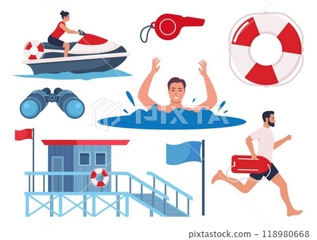 Beach lifeguards equipment set. Drowning human, rescue workers on the beach. Lifeguard tower, lifebuoy, binoculars, jet ski. Vector illustration. Beach lifeguards equipment set. Drowning human, rescue workers on the beach. Lifeguard tower, lifebuoy, binoculars, jet ski. Vector illustration. 118980668