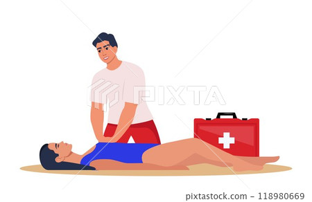 Beach lifeguard performs indirect heart massage to drowning woman rescued from the water. Emergency drowning assistance situation. Cardio Pulmonary Resuscitation. Vector. Beach lifeguard performs indirect heart massage to drowning woman rescued from the water. Emergency drowning assistance situation. Cardio Pulmonary Resuscitation. Vector. 118980669