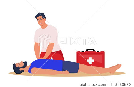 Beach lifeguard performs indirect heart massage to drowning man rescued from the water. Emergency drowning assistance situation. Cardio Pulmonary Resuscitation. Vector. Beach lifeguard performs indirect heart massage to drowning man rescued from the water. Emergency drowning assistance situation. Cardio Pulmonary Resuscitation. Vector. 118980670
