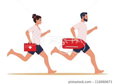 Man and woman lifeguards run along beach to save life of someone drowning. People work as lifeguards. Vector illustration. 118980671