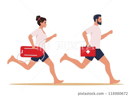 Man and woman lifeguards run along beach to save life of someone drowning. People work as lifeguards. Vector illustration. 118980672