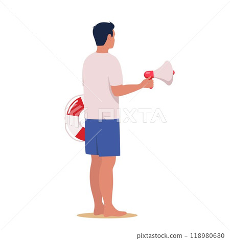 Professional beach lifeguard standing with lifebuoy and loudspeaker on the beach. Security staff, safety on water worker. Vector illustration. Professional beach lifeguard standing with lifebuoy and loudspeaker on the beach. Security staff, safety on water worker. Vector illustration. 118980680