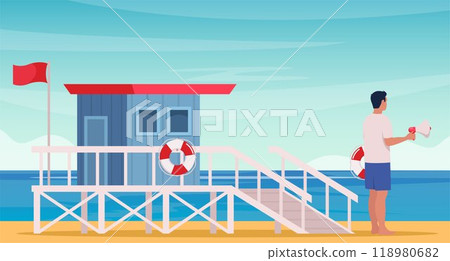 Lifeguard tower and professional beach lifeguard standing with lifebuoy and loudspeaker on the beach. Coast guard station in modern flat design. Vector illustration. 118980682