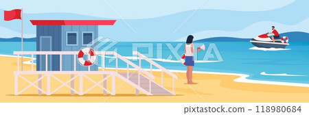 Lifeguard tower and professional beach lifeguard standing with lifebuoy and loudspeaker on the beach. Coast guard station in modern flat design. Vector illustration. Lifeguard tower and professional beach lifeguard standing with lifebuoy and loudspeaker on the beach. Coast guard station in modern flat design. Vector illustration. 118980684