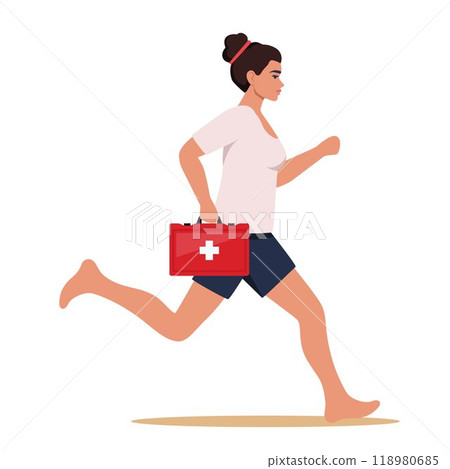 Woman lifeguard runs along beach to save life of man in need of help is drowning in sea. Girl works as lifeguard. Vector illustration. 118980685