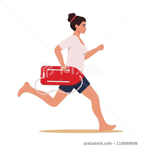 Woman lifeguard runs along beach to save life of man in need of help is drowning in sea. Girl works as lifeguard. Vector illustration. Woman lifeguard runs along beach to save life of man in need of help is drowning in sea. Girl works as lifeguard. Vector illustration. 118980686
