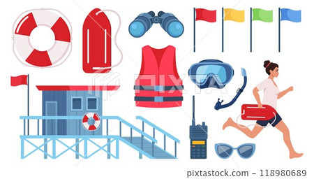 Beach lifeguards equipment set. Loudspeaker, sunglasses, lifebuoy, lifeguards tower, first aid kit, life rescue jacket, binoculars, whistle, stretcher. Vector illustration. 118980689