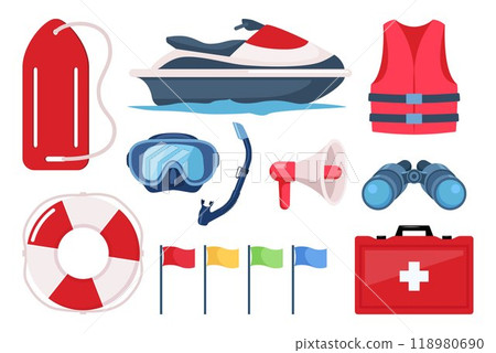 Beach lifeguards equipment set. Loudspeaker, sunglasses, lifebuoy, lifeguards tower, first aid kit, life rescue jacket, binoculars, whistle, stretcher. Vector illustration. Beach lifeguards equipment set. Loudspeaker, sunglasses, lifebuoy, lifeguards tower, first aid kit, life rescue jacket, binoculars, whistle, stretcher. Vector illustration. 118980690