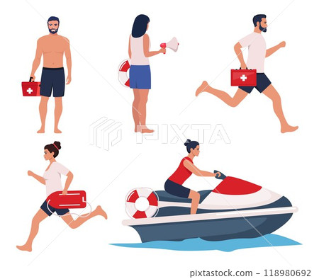 Professional beach lifeguards, set of characters. Rescue workers with lifebuoy and red medical first aid kit box. Rescuer patrols sea on jet ski. Security staff, safety on water worker. Vector. 118980692