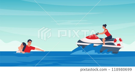 Beach lifeguard saving unconscious woman drowning in water and another one drives water scooter rushing to help them. Emergency and rescue, safety at sea, first aid. Vector illustration. 118980699